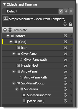 Objects view: The basic parts (template) of SimpleMenu