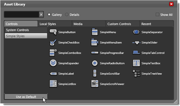 The Asset Library showing the available simple style controls, and the option to make them the default styles
