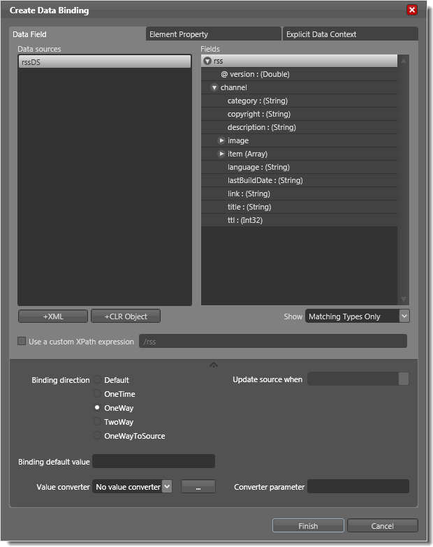 The Create Data Binding dialog with the Advanced Options section expanded