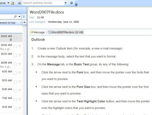 Word attachment previewed in Outlook reading pane