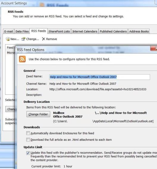 RSS Feed Options in Outlook 2007