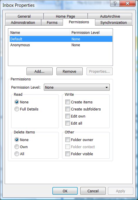 Permissions tab on Inbox Properties