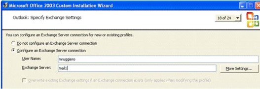 Configuring an Exchange account in Office 2003 CIW