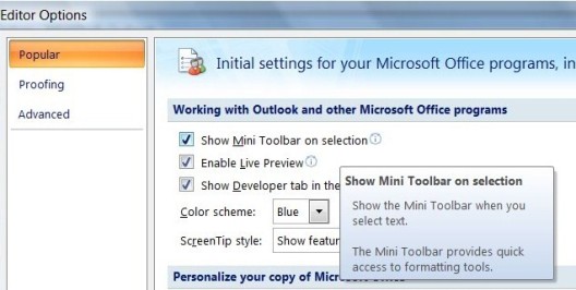 Mini Toolbar setting in Outlook Editor Options