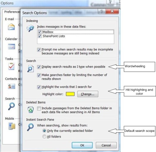 Outlook Search options dialog box
