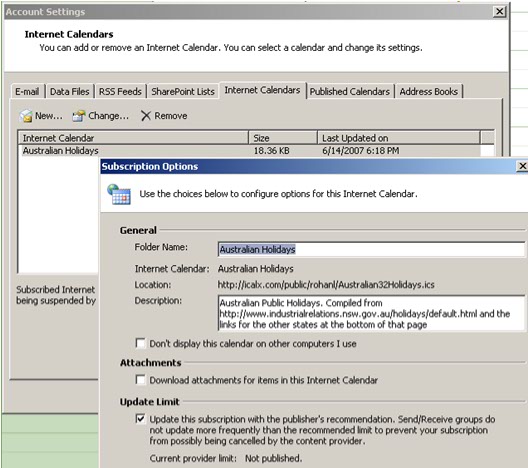 Subscription options for an Internet Calendar