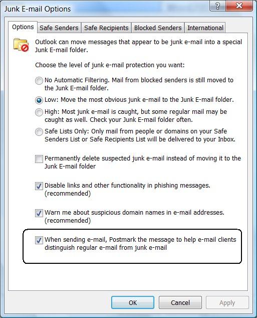 Postmarking option in Junk E-mail Options