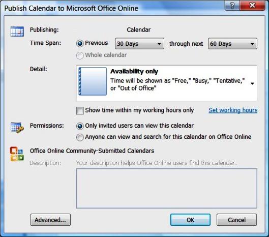 Calendar publishing options for Office Online