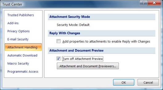 Attachment preview setting in the Trust Center